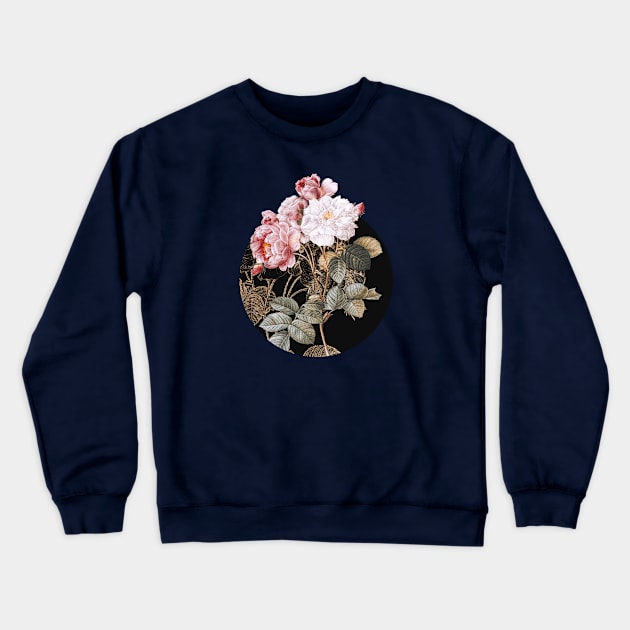 Vintage Pink Damask Rose Botanical Illustration on Circle Crewneck Sweatshirt by Holy Rock Design